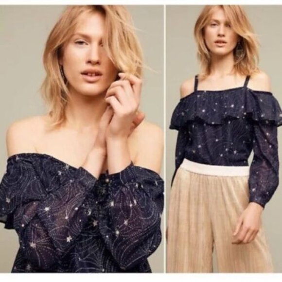 Floreat Tops - FLOREAT CONSTELLATION STAR RUFFLE NECK COLD SHOULDER BLOUSE